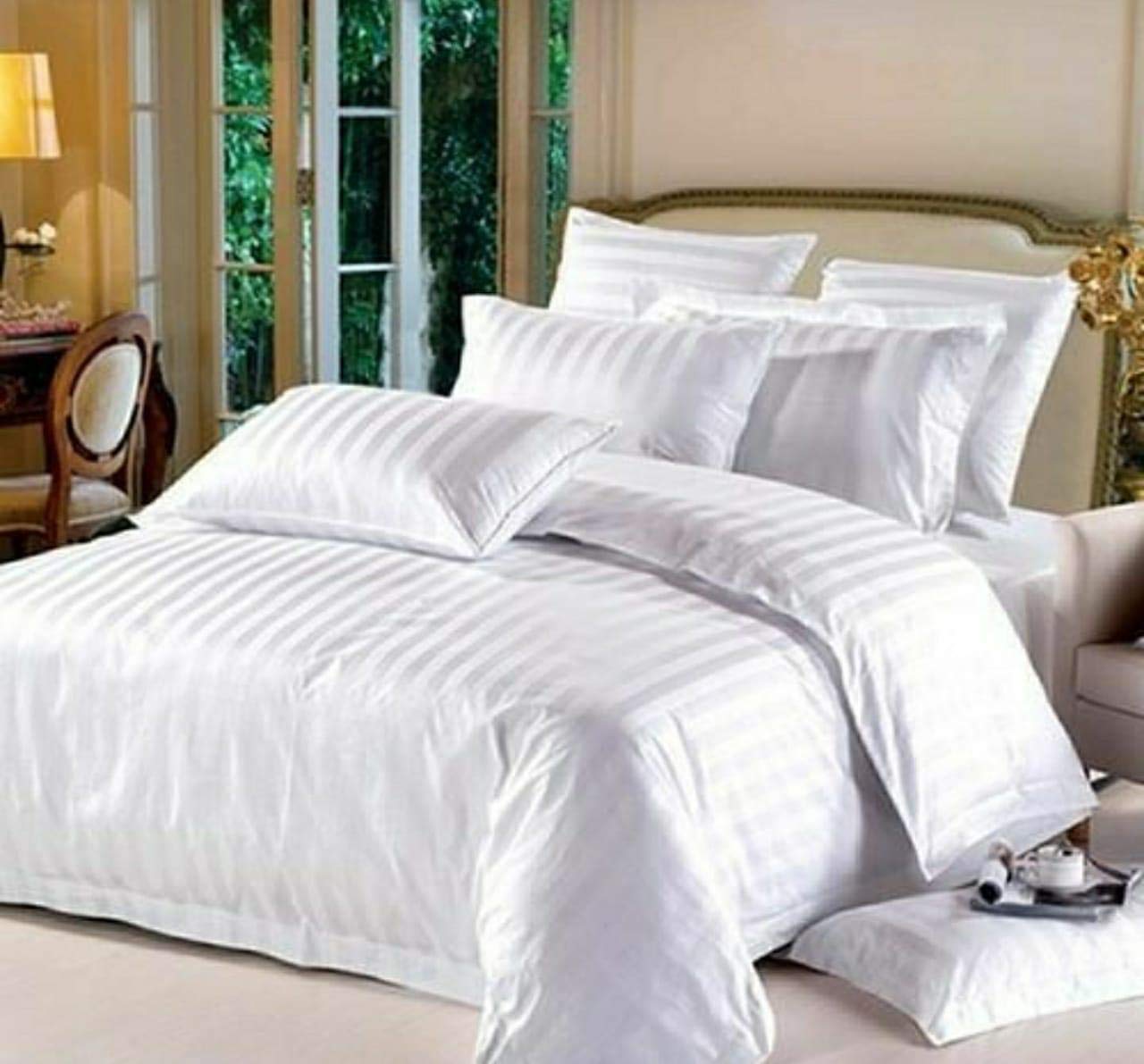 TC Glace Cotton Satin Stripes Plain Bedsheet King Size Double Bed With Two Pillow Covers For